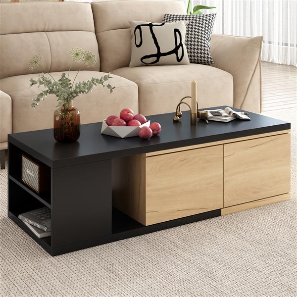 47.2''-57''W Extendable Coffee Table with 2 Storage Drawers, Dual-tone Wood Center Table with Extendable Sliding Tabletop, Multi-functional Hidden Storage Sofa Table for Living Room, Black