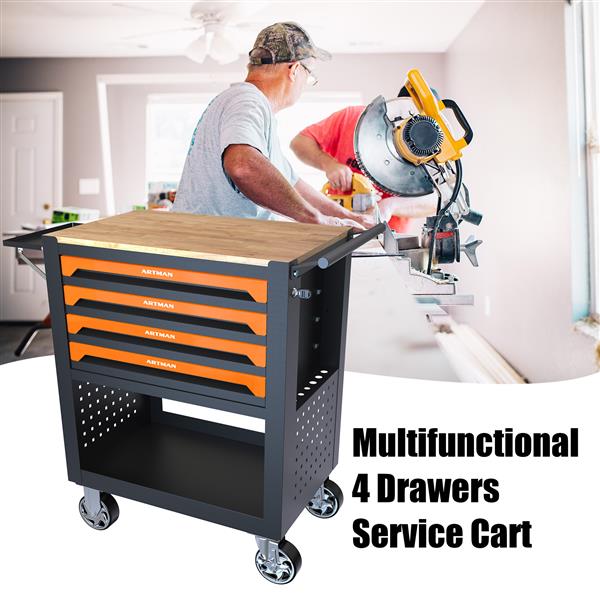 4 DRAWERS MULTIFUNCTIONAL TOOL CART WITH WHEELS AND WOODEN TOP-ORANGE