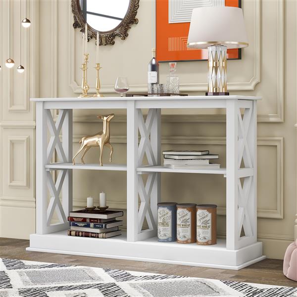 Console Table with 3-Tier Open Storage Spaces and "X" Legs, Narrow Sofa Entry Table for Living Room (White)