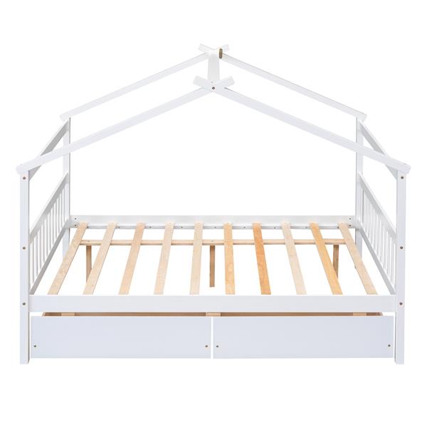 Full Size Wooden House Bed with Drawers, White