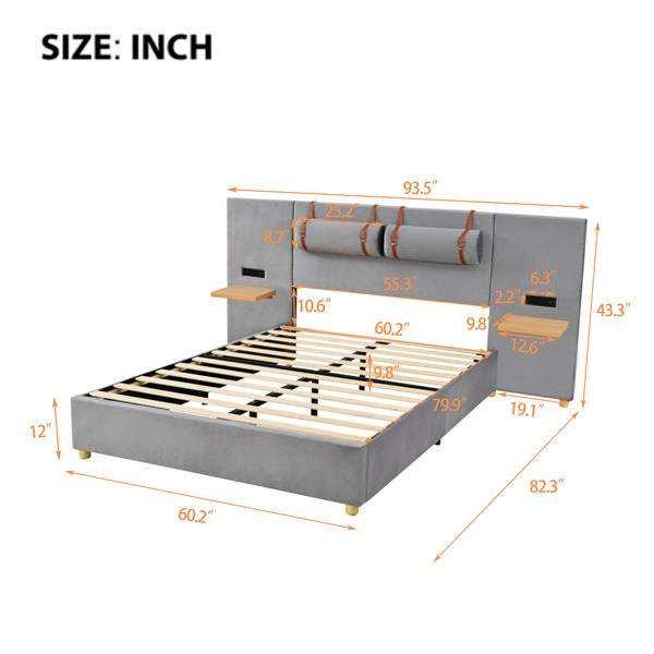 Queen Upholstered Platform Bed, Two Outlets and USB Charging Ports on Both Sides, Two Bedside Pillows, Storage Shelves, Gray