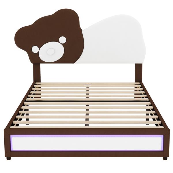 Full Size Upholstered Platform Bed with Bear Shaped Headboard, LED Light Strips, White + Brown