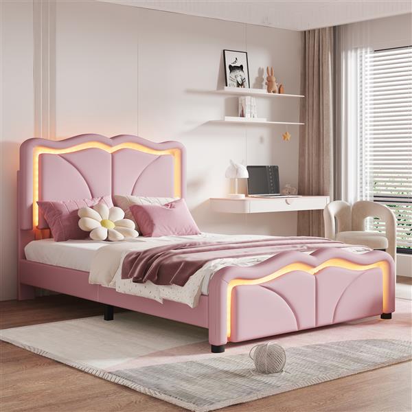 Twin Size Upholstered Platform Bed with Curve Shaped and Height-adjustbale Headboard,LED Light Strips,Pink