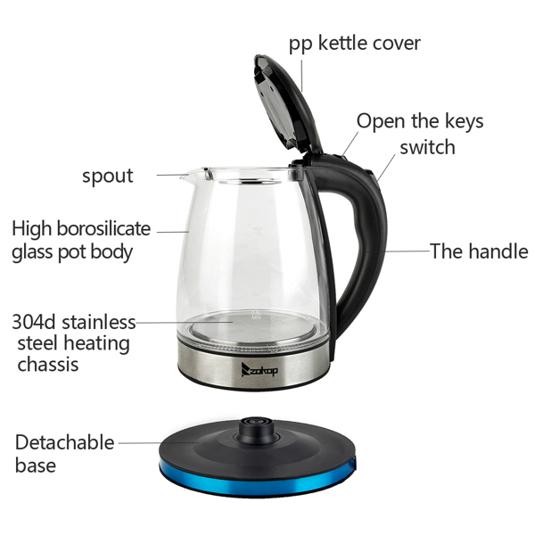 ZOKOP HD-1861-A 110V 1500W 1.8L Electric Glass Kettle US Plug