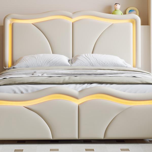 Full Size Upholstered Platform Bed with Curve Shaped and Height-adjustbale Headboard,LED Light Strips,White