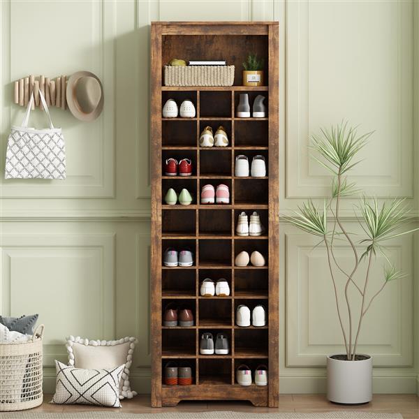 Stylish Design 30 Shoe Cubby Console, Contemporary Shoe Cabinet with Multiple Storage Capacity, Free Standing Tall Cabinet with Versatile Use for Hallway,  Bedroom, Rustic Brown