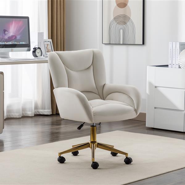 005-Velvet Fabric 360 Swivel Home Office Chair With Gold Metal Base And Universal Wheels,Ivory