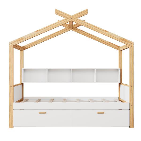 White Twin Size Wooden House Bed Original Wood Colored Frame with Two Drawers and Bookshelf Storage Space for Children or Guest Room