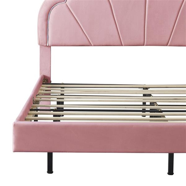 Queen Upholstered Smart LED Bed Frame with Elegant Flowers Headboard,Floating Velvet Platform LED Bed with Wooden Slats Support,Pink