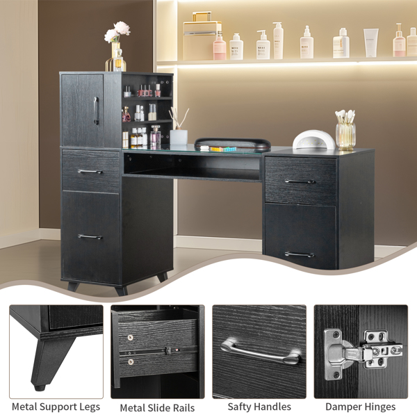  Black relief particle board tempered glass 141*50*112cm three doors and two drawers fanless nail table