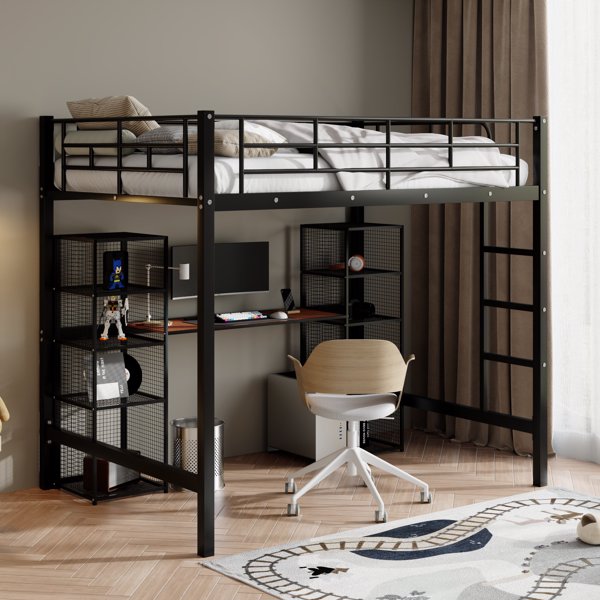 Full Size Metal Loft Bed with Built-in Desk and Shelves, Black+Brown