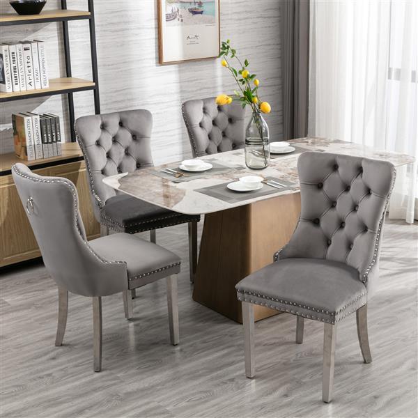 Furniture,Modern, High-end Tufted Solid Wood Contemporary Velvet Upholstered Dining Chair with Chrome Stainless Steel Plating Legs,Nailhead Trim,Set of 2,Gray and Chrome