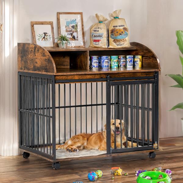 38'' Heavy Duty Dog Crate Furniture for Medium Dog with Lockable Wheels, Wooden Dog Crate Dog Kennel, End Table Crate with Double layer storage, Brown