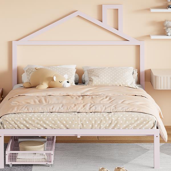 Full Size Metal Platform Bed with two drawers,House-Shaped Headboard Design, Pink