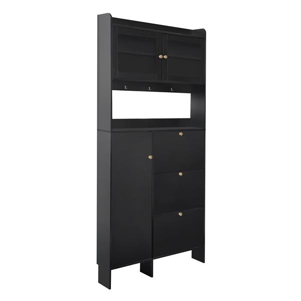 [VIDEO provided] Shoe Cabinet with Open Storage Space, Practical Hall Tree with 3 Flip Drawers, Multi-functional & Integrated Foyer Cabinet with Tempered Glass Doors for Hallway, Black