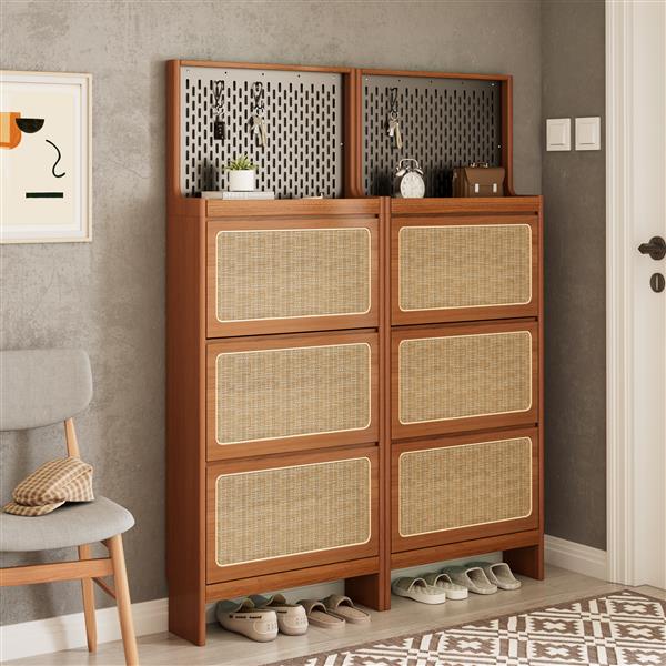 Rattan Shoe Cabinet for Entryway, Free Standing Shoe Rack with 3 Flip Drawers & Black Pegboard, Hidden Narrow Shoe Cabinet for Entrance Hallway, 24.88"W x 7.88" D x 65"H