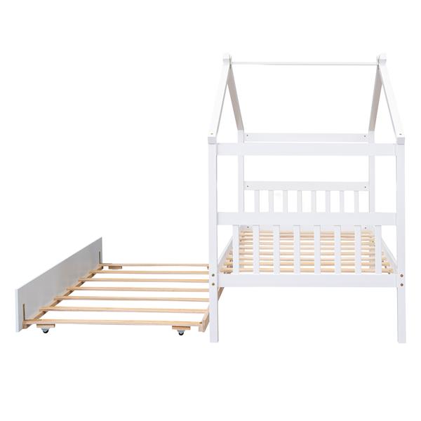 Twin Size Wooden House Bed with Twin Size Trundle, White