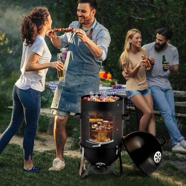 Vertical Steel Charcoal Smoker, Heavy Duty Three Layer Round BBQ Grill Smokey Mountain Cooker for Outdoor Cooking, Black