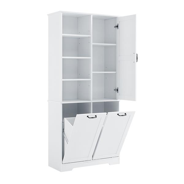 Bathroom Storage Cabinet with Doors and Drawers, Tilt-Out Laundry Hamper, Multiple Storage Space, Freestanding Style, Open Shelve, Adjustable Shelf, White