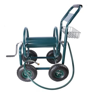 Garden Hose Reel Cart - 4 Wheels Portable Garden Hose Reel Cart with Storage Basket Rust Resistant Heavy Duty Water Hose Holder