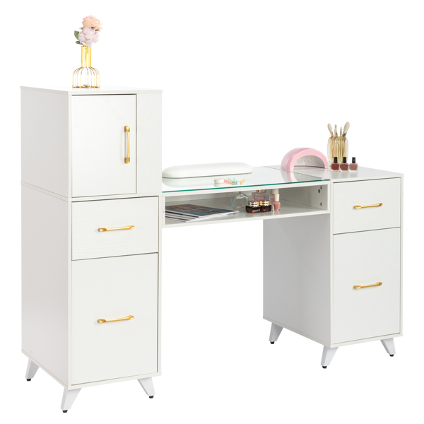  white relief particle board tempered glass 141*50*112cm three doors and two drawers fanless nail table