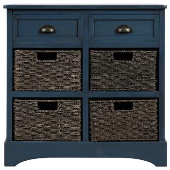 Rustic Storage Cabinet with Two Drawers and Four  Classic Rattan Basket for Dining Room/Entryway/Living Room (Antique Navy)