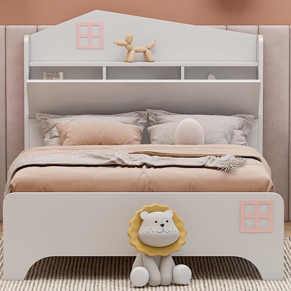 Wooden Twin Size House Bed with Storage Headboard ,Kids Bed with Storage Shelf, White