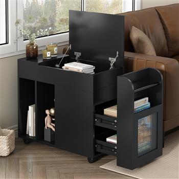 Multifunctional Extendable End Table with Wheels, Side Table with Tempered glass door, 2 Storage Shelves, 2 Drawers for Living Room, Black