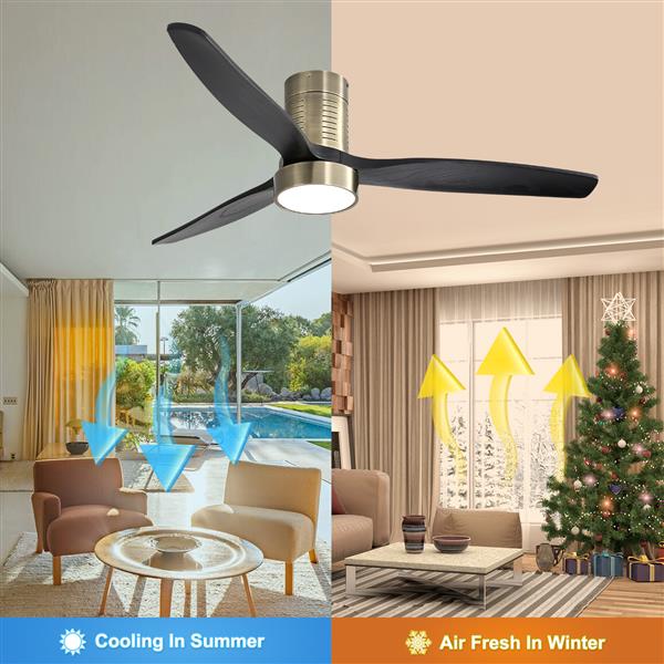 52 Inch Indoor Flush Mount Ceiling Fan With 3 Solid Wood Blades Remote Control Reversible DC Motor With Led Light