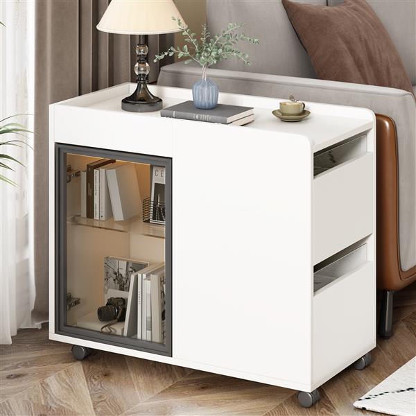 Modern End Table with LED light and Wheels, Side Table with Transparent Brown Glass Door, 2 Storage Shelves and Drawers for Living Room, White