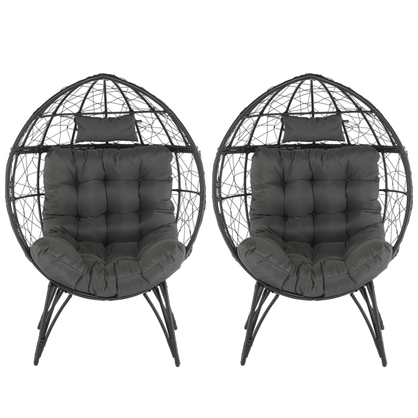 Wicker Egg Chair, Oversized Indoor Outdoor Lounger with Soft Cushions, Teardrop Cuddle Seat for Patio Porch Backyard Living Room Balcony, Black Rattan & Grey Cushion