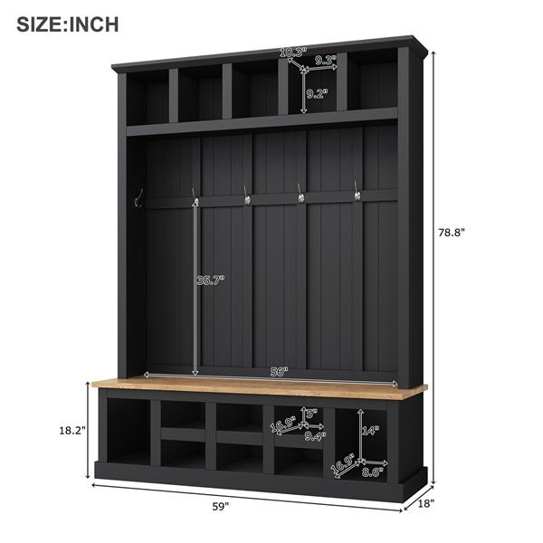 Farmhouse Wooden Style 78''H Modern Hall Tree with Wide Storage Seating Bench, Entryway Shoe Cabinet with 13 Compartments, Elegant Coat Rack with 6 Hooks for Mudroom, Living room, Black