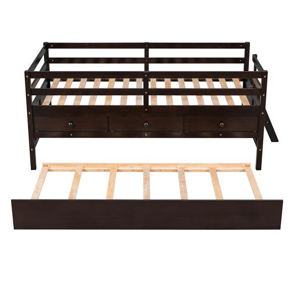 Low Loft Bed Twin Size with Full Safety Fence, Climbing ladder, Storage Drawers and Trundle Espresso Solid Wood Bed