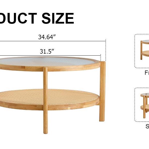 Modern simple circular double-layer solid wood tea table rattan woven Chinese side table small round table suitable for living room, dining room and bedroom