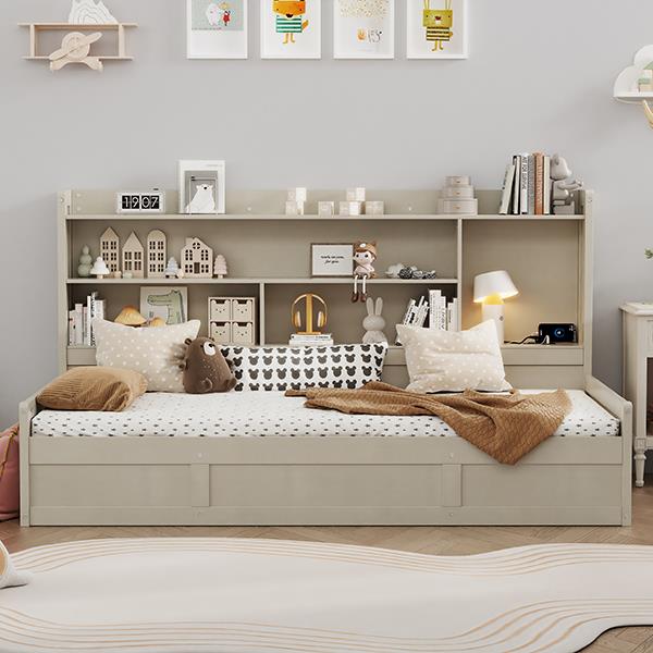 Twin Size Daybed Frame with Storage Bookcases and Underneath Storage, USB Charging Station, Gray