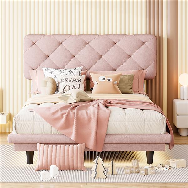 Twin Size Upholstered Bed with Light Stripe, Floating Platform Bed, Linen Fabric,Pink