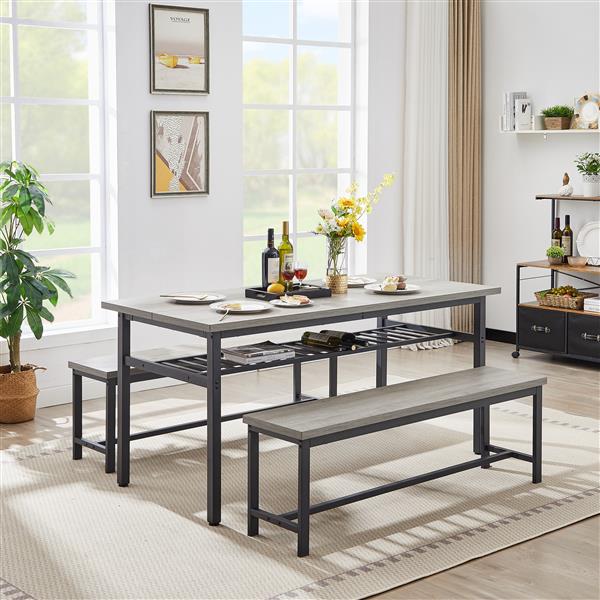 Oversized dining table set for 6, 3-Piece Kitchen Table with 2 Benches, Dining Room Table Set for Home Kitchen, Restaurant, Rustic Grey, 67'' L x 31.5'' W x 31.7'' H.