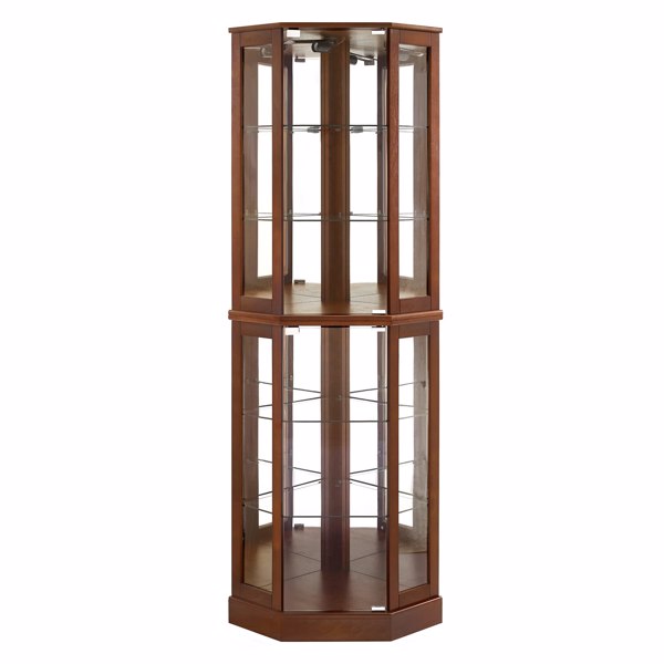 6 Shelf Corner Curio Display Cabinet with Lights, Mirrors and Adjustable Shelves, Walnut(E26 light bulb not included) 