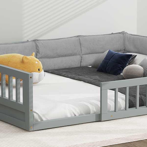 Wood Full Size Upholstered Platform Bed with Guardrail and Pillow, Gray