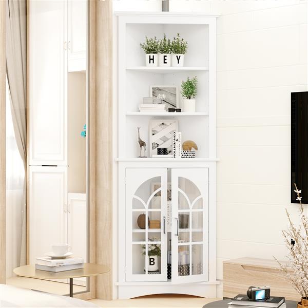 Corner Storage Cabinet, 63.3" Tall Freestanding Bookcase with  Doors & Adjustable Shelves, 5-Tier Corner Display Cabinet for Living Room, Office, Dining Room, White