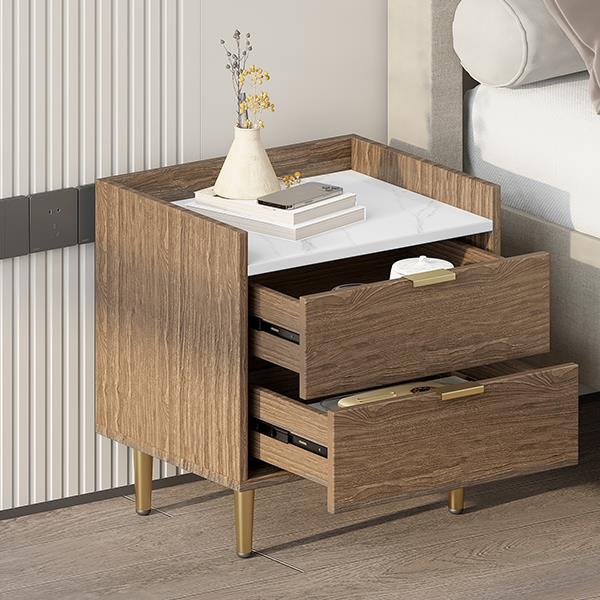 Wooden Nightstand with 2 Drawers and Marbling Worktop, Mordern Wood Bedside Table with Metal Legs&Handles, Walnut