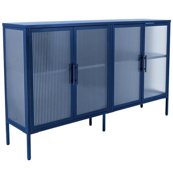 Stylish 4-Door Tempered Glass Cabinet with 4 Glass Doors Adjustable Shelf and Feet Anti-Tip Dust-free Fluted Glass Kitchen Credenza Blue