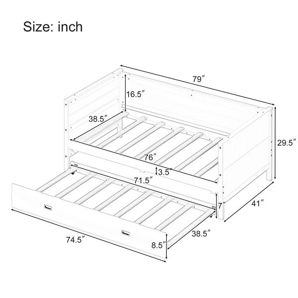 Twin Size Solid Wood Daybed with Trundle for Kids Teens Dorm Bedroom Multipurpose Guest Room or Home, White