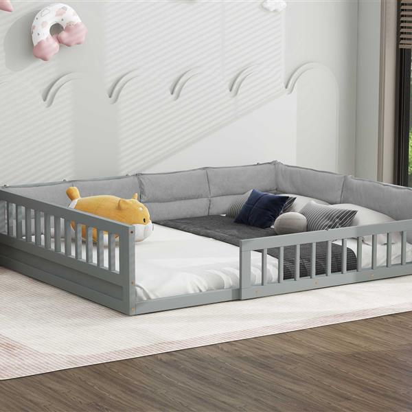 Wood Full Size Upholstered Platform Bed with Guardrail and Pillow, Gray