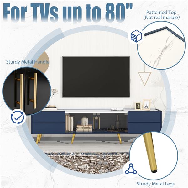 Modern TV Stand with LED lights for TVs up to 80 Inches, Entertainment Center with 4 Drawers and 1 Cabinet with Brown Glass Door, Media Console with Metal Legs and Handles for Living room