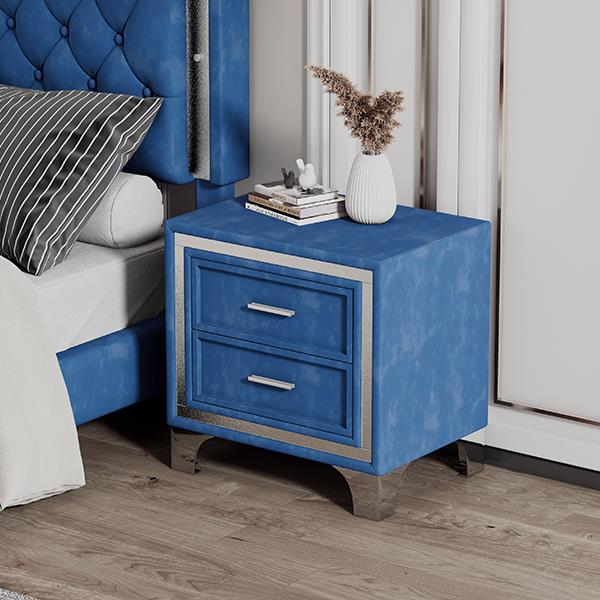 2-Drawer Nightstand with Metal Legs for Bedroom, Mid Century Nightstand Fully Assembled Except Legs and Handles,Velvet Bedside Table-Blue