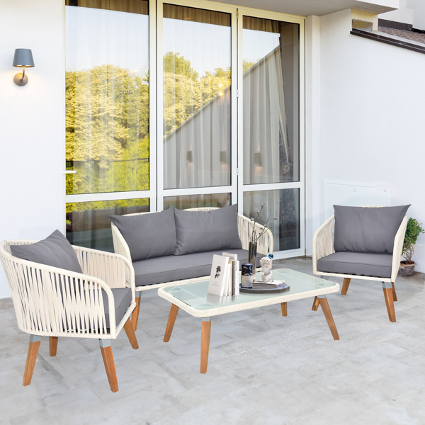 4 Piece Patio Furniture Set, Outdoor Acacia Wood Conversation Set, All-Weather Rope Sofa Set with Coffee Table, Loveseat, Modern Deep Seating Set for Lawn Balcony Poolside, White Rope & Grey Cushion