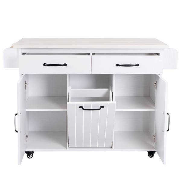 Kitchen Island with Trash Can Storage Cabinet, Kitchen Cart with Drop Leaf, Spice Rack, Towel Rack and Drawer, Rolling Kitchen Island on Wheels with Adjustable Shelf, White