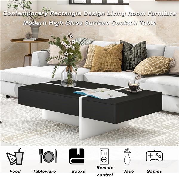 Contemporary Rectangle Design Living Room Furniture, Modern High Gloss Surface Cocktail Table, Center Table for Sofa or Upholstered Chairs, 45.2*25.5*13.7in, Black