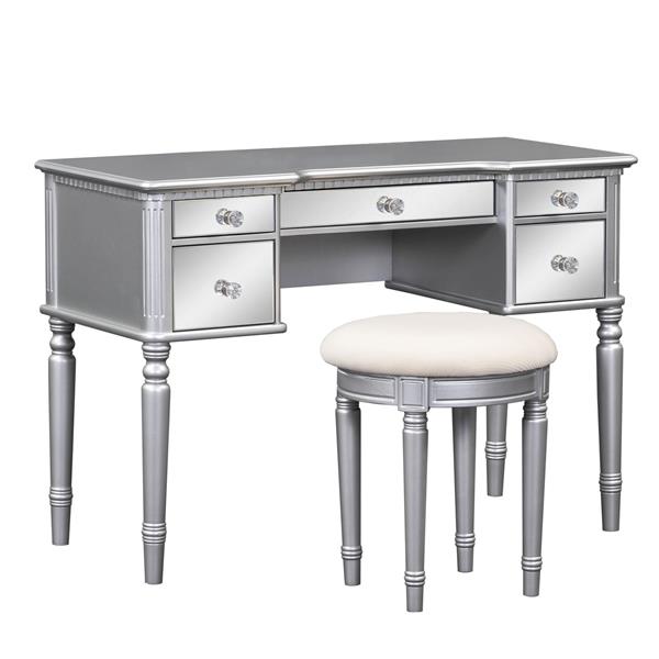 43" Dressing Table Set with Mirrored Drawers and Stool, Tri-fold Mirror, Makeup Vanity Set for Bedroom, Silver